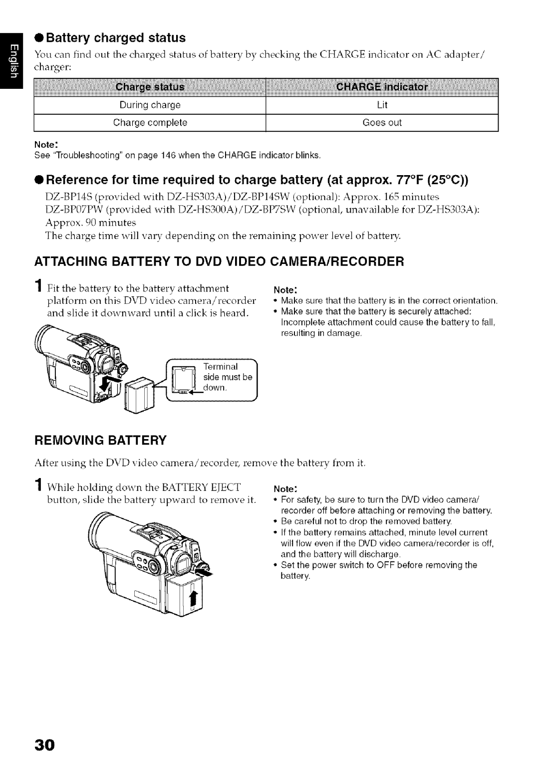 Hitachi DZ-HS3OOA Battery charged status, Attaching Battery to DVD Video CAMERA/RECORDER, Removing Battery 