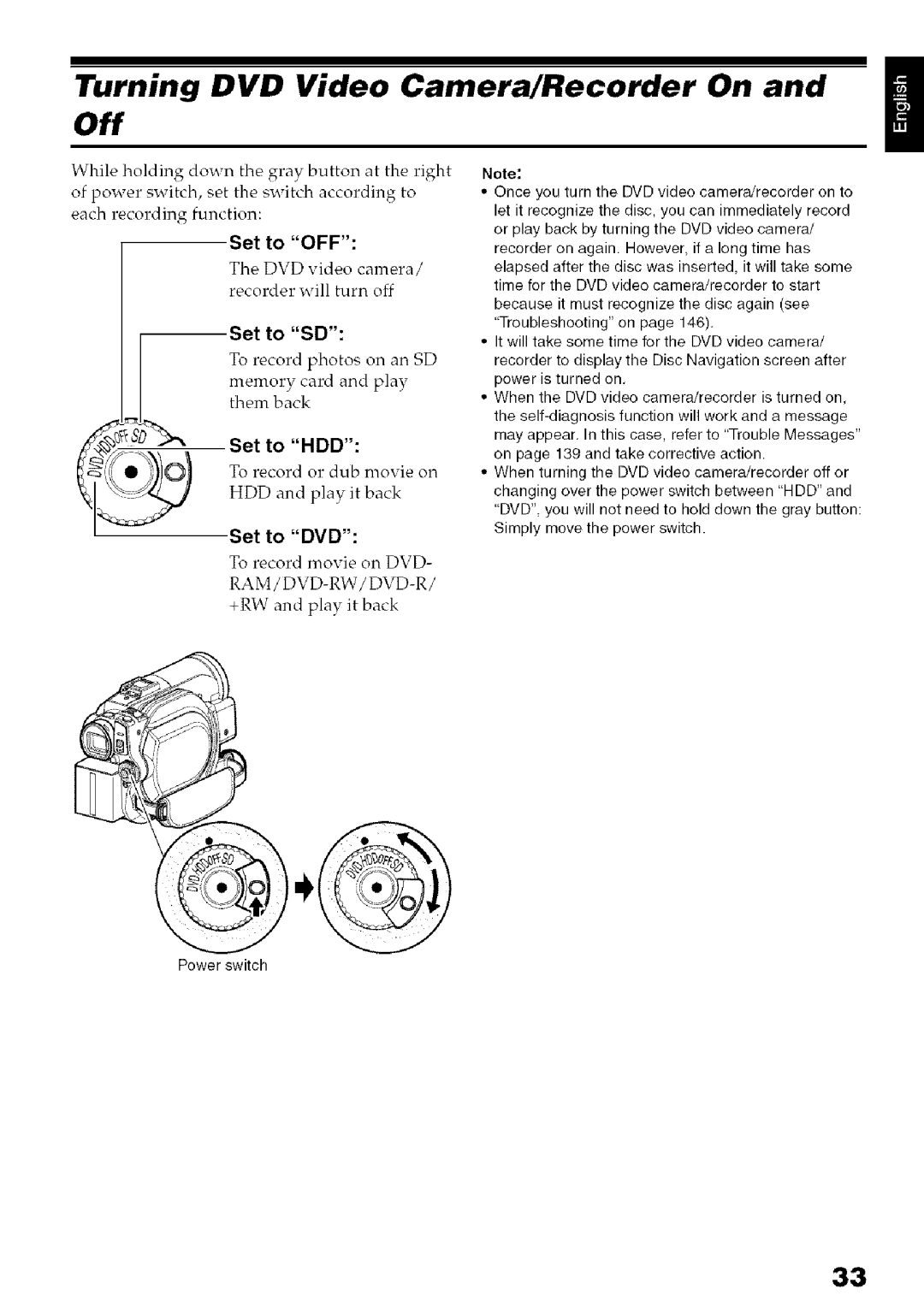 Hitachi DZ-HS3OOA instruction manual Set to OFF, Set to SD, Set to HDD, Set to DVD 