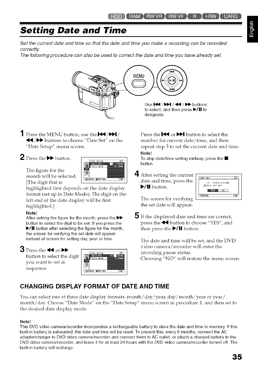 Hitachi DZ-HS3OOA instruction manual Setting Date and Time, Changing Display Format of Date and Time 