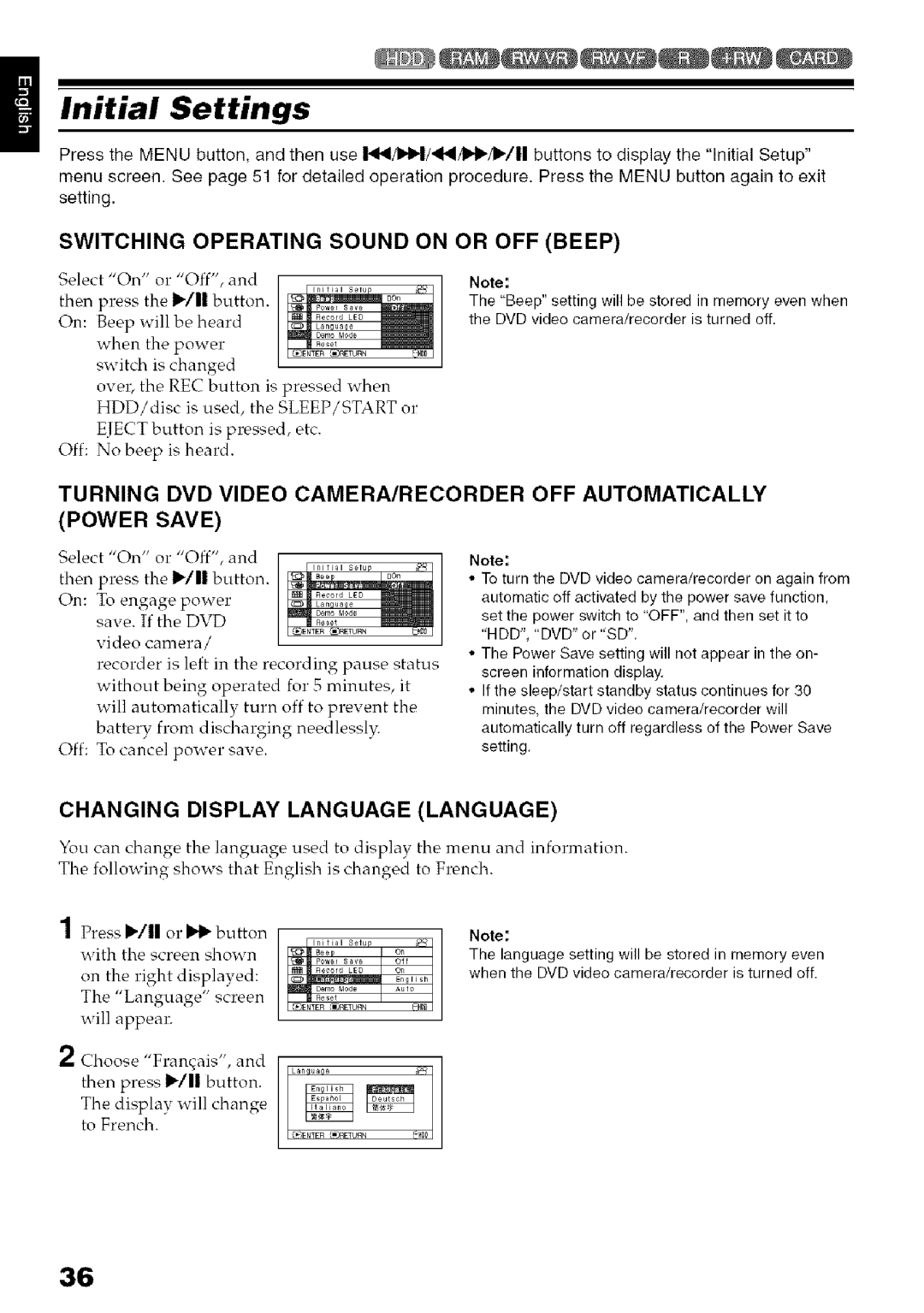 Hitachi DZ-HS3OOA Initial Settings, Switching Operating Sound on or OFF Beep, Changing Display Language Language 