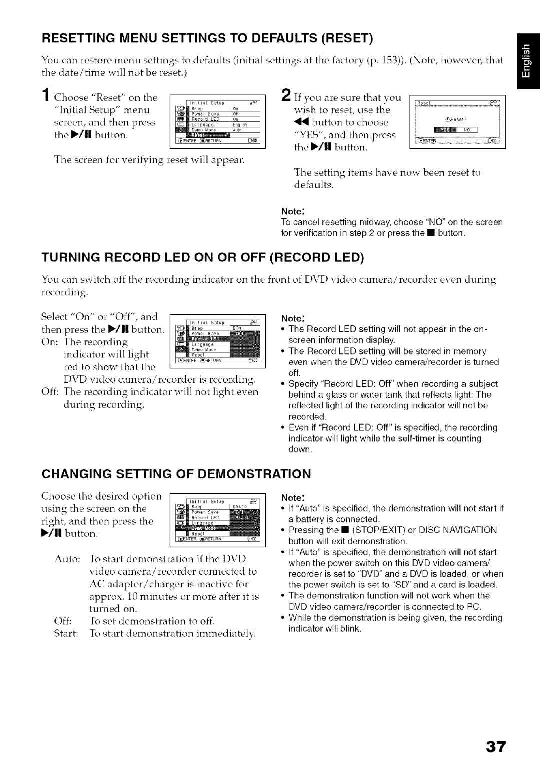 Hitachi DZ-HS3OOA instruction manual Resetting Menu Settings to Defaults Reset, Turning Record LED on or OFF Record LED 