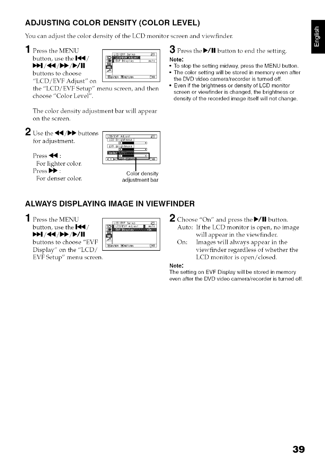 Hitachi DZ-HS3OOA Adjusting Color Density Color Level, Always Displaying Image in Viewfinder, Ll/ ,41/ III/ I1/II, Press 