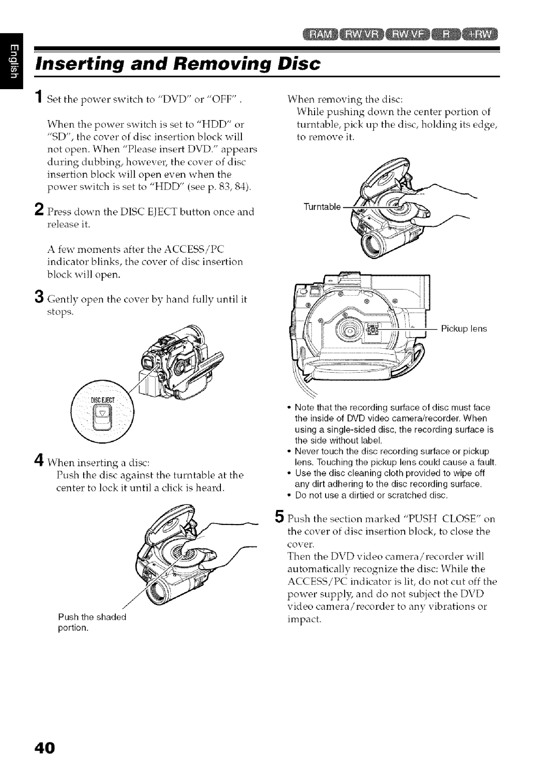 Hitachi DZ-HS3OOA instruction manual Inserting and Removing, Disc 