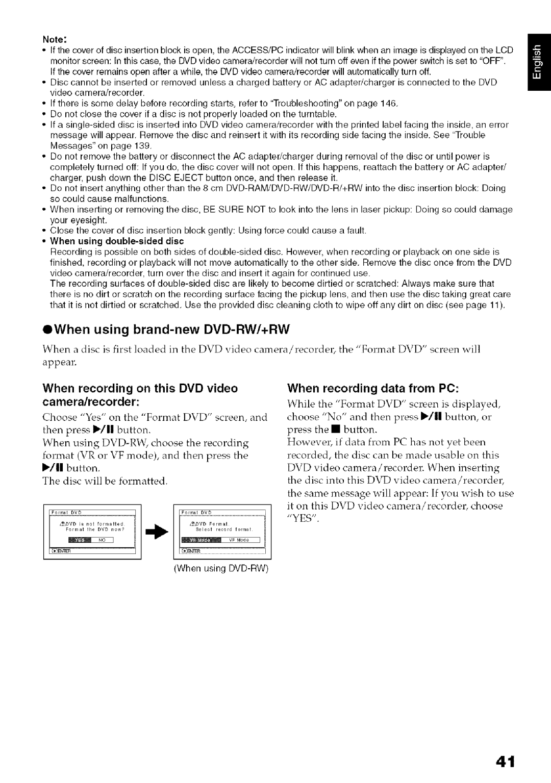 Hitachi DZ-HS3OOA instruction manual OWhen using brand-new DVD-RW/+RW, When recording on this DVD video camera/recorder 