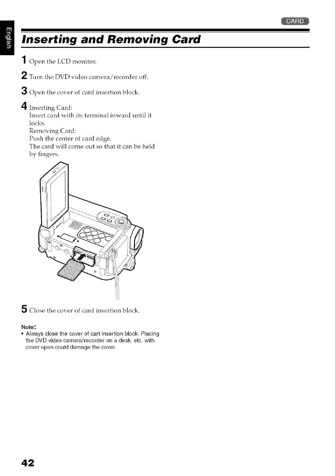 Hitachi DZ-HS3OOA instruction manual Inserting and Removing Card 