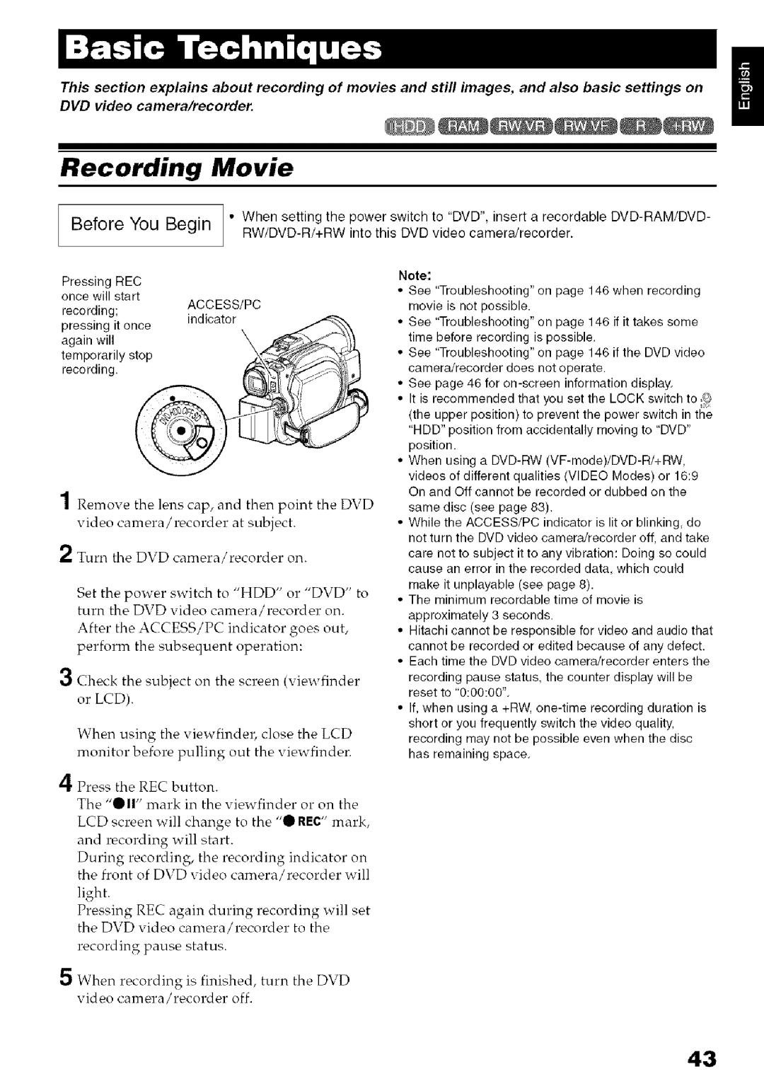 Hitachi DZ-HS3OOA instruction manual Recording Movie 