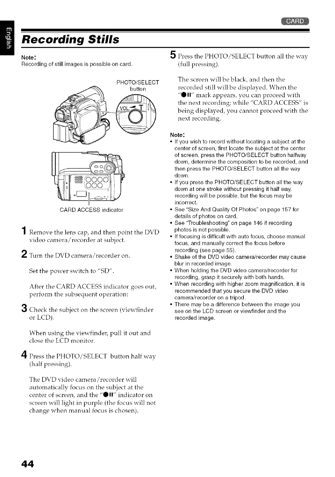 Hitachi DZ-HS3OOA instruction manual Recording Stills, Photo/Select 