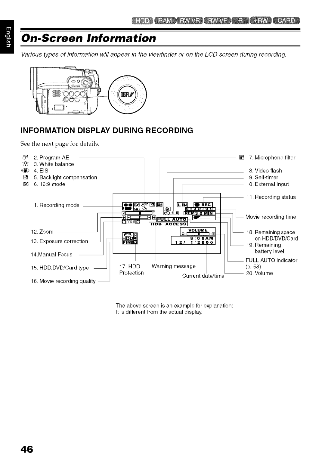 Hitachi DZ-HS3OOA On.Screen Information, Information Display During Recording, See the next page for details, Full Auto 