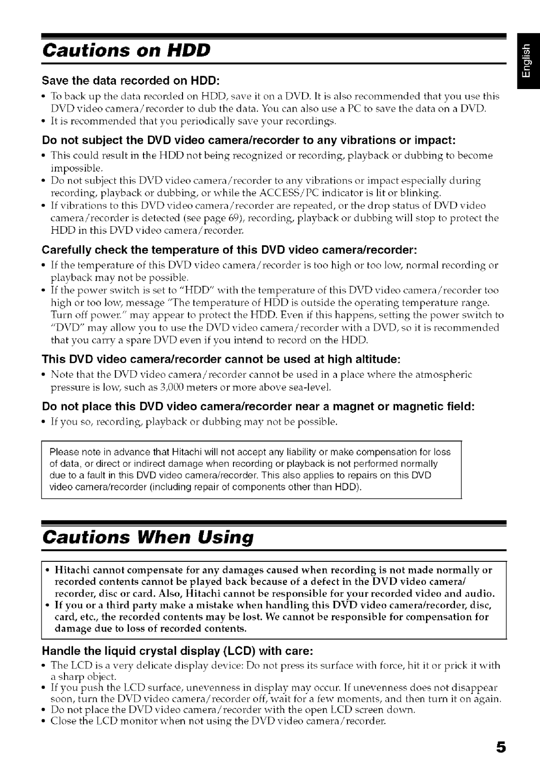 Hitachi DZ-HS3OOA instruction manual Save the data recorded on HDD, Handle the liquid crystal display LCD with care 