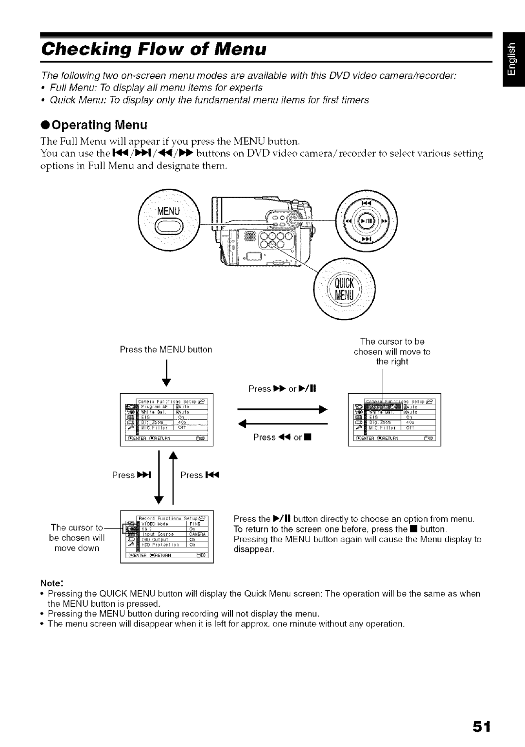 Hitachi DZ-HS3OOA instruction manual Checking Flow of Menu, Operating Menu 