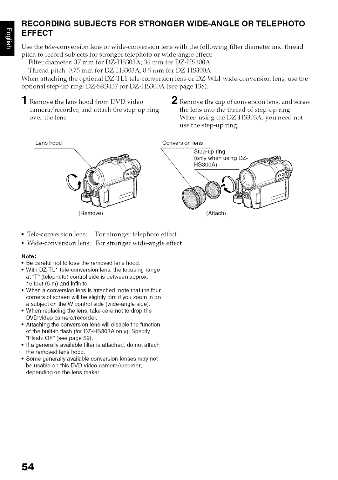 Hitachi DZ-HS3OOA instruction manual Lens hood Conversion lens 