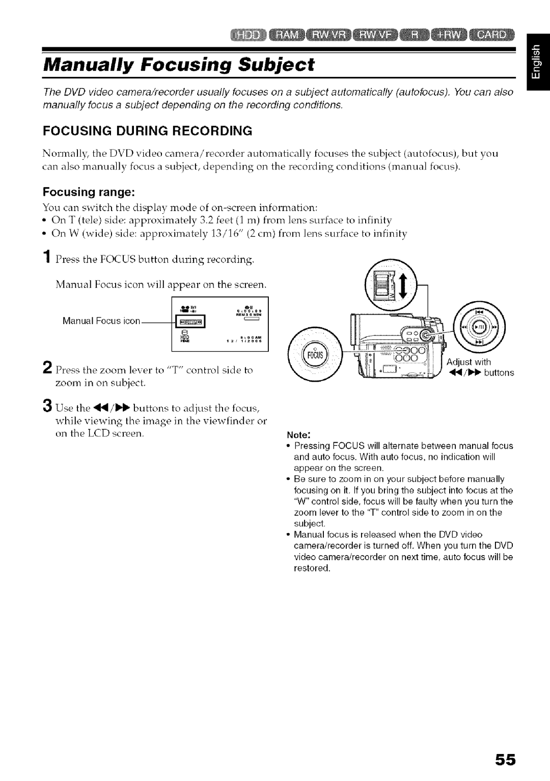 Hitachi DZ-HS3OOA Manually Focusing Subject, Focusing During Recording, Focusing range, Manual Focus icon 