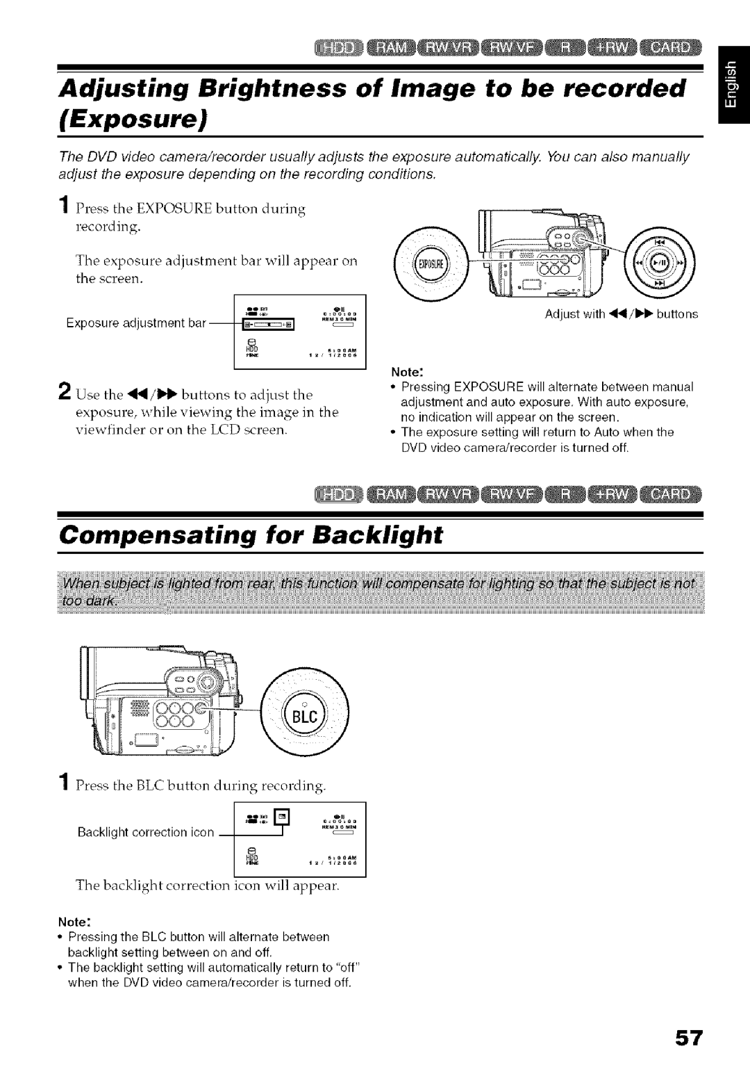 Hitachi DZ-HS3OOA instruction manual Adjusting Brightness of Image to be recorded Exposure, Compensating for Backlight 