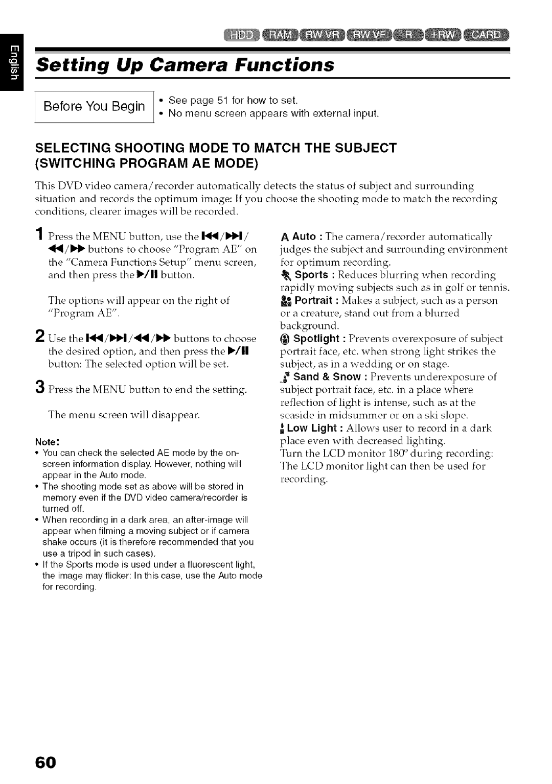 Hitachi DZ-HS3OOA instruction manual Setting Up Camera Functions 