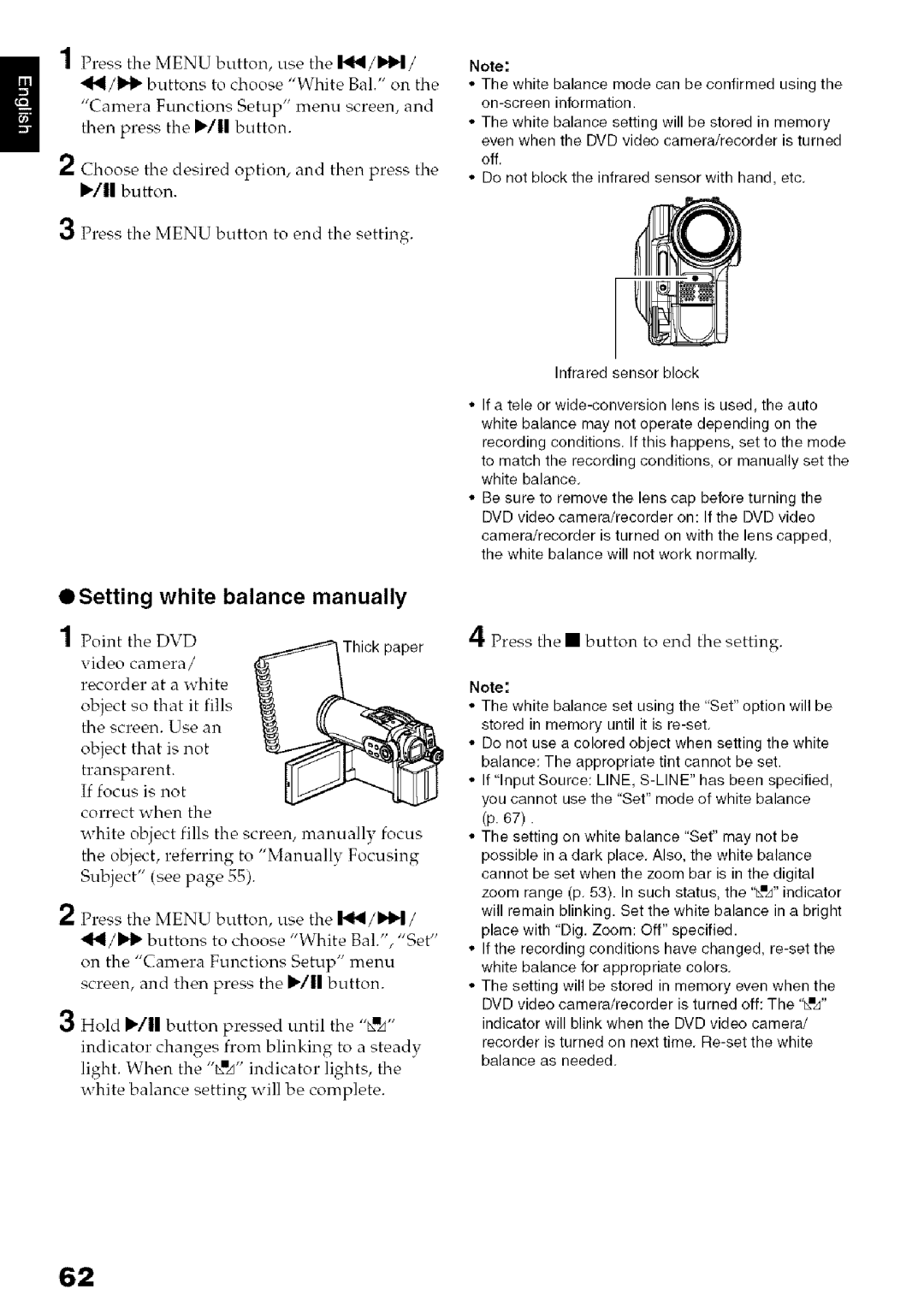 Hitachi DZ-HS3OOA instruction manual OSetting white balance manually, Press the button to end the setting 