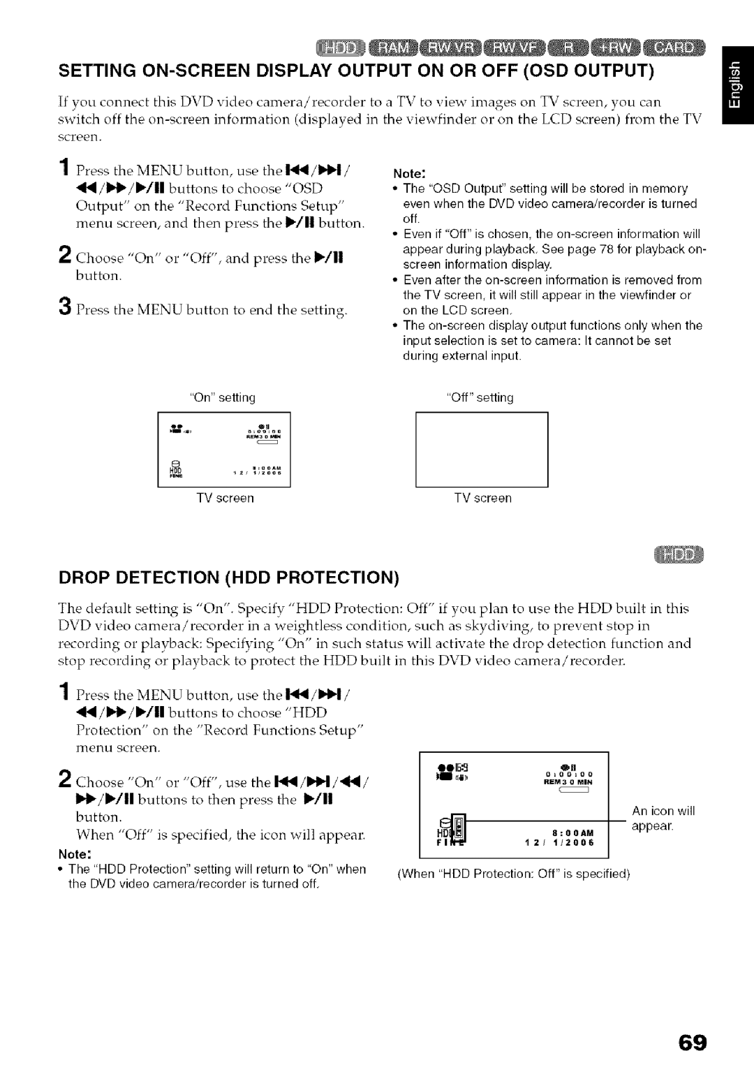 Hitachi DZ-HS3OOA instruction manual Setting ON-SCREEN Display Output on or OFF OSD Output, Drop Detection HDD Protection 