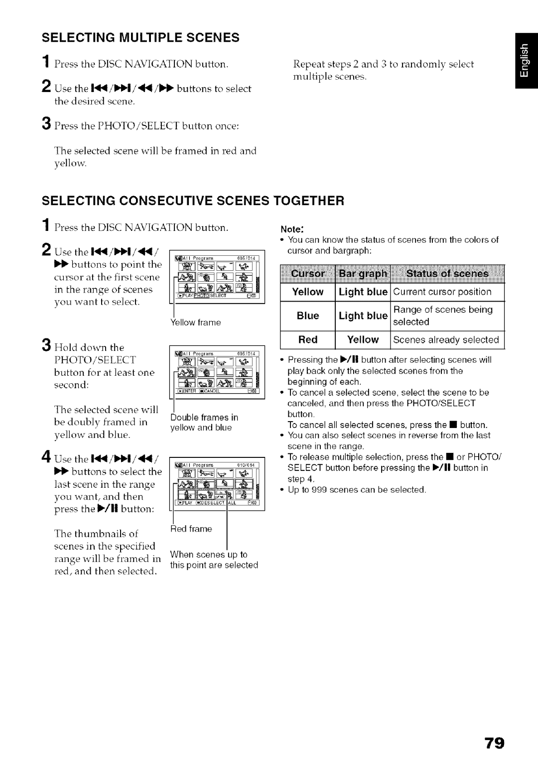 Hitachi DZ-HS3OOA instruction manual Selecting Multiple Scenes, Selecting Consecutive Scenes Together 