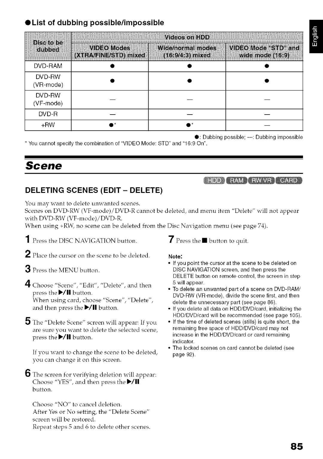 Hitachi DZ-HS3OOA instruction manual OList of dubbing possible/impossible, Deleting Scenes Edit Delete 