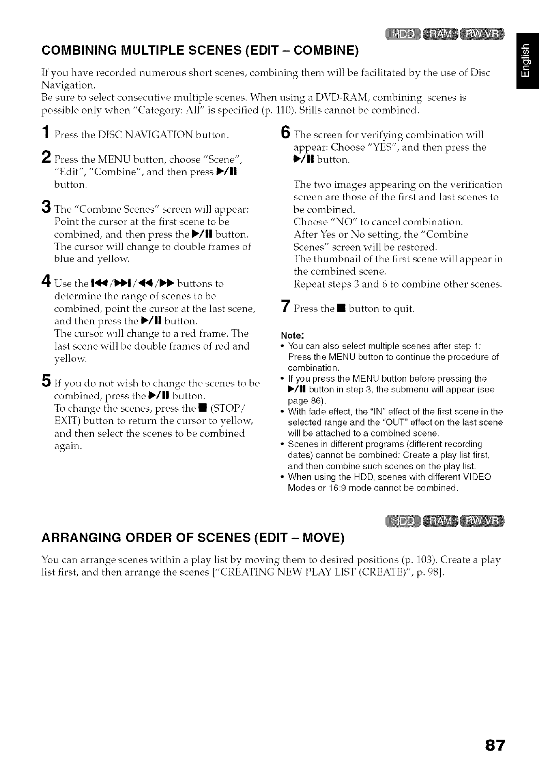 Hitachi DZ-HS3OOA instruction manual Combining Multiple Scenes Edit Combine, Arranging Order of Scenes Edit Move 