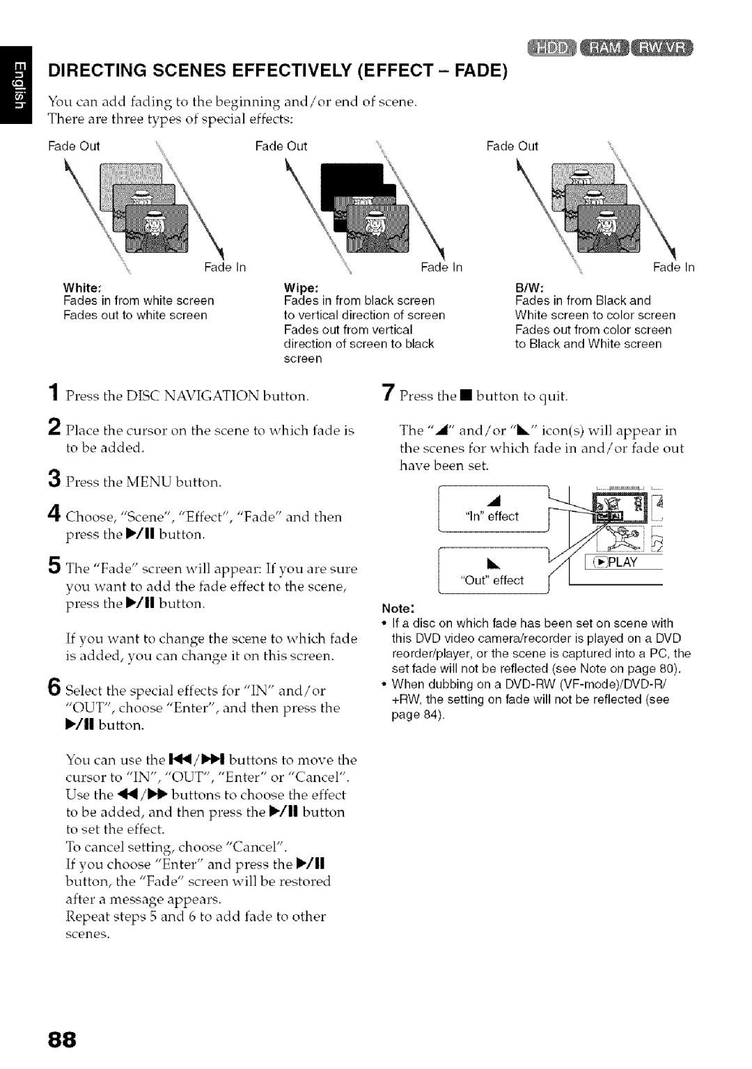 Hitachi DZ-HS3OOA instruction manual Directing Scenes Effectively Effect Fade, Fade Out, Effect Outkeffect tPLAY 