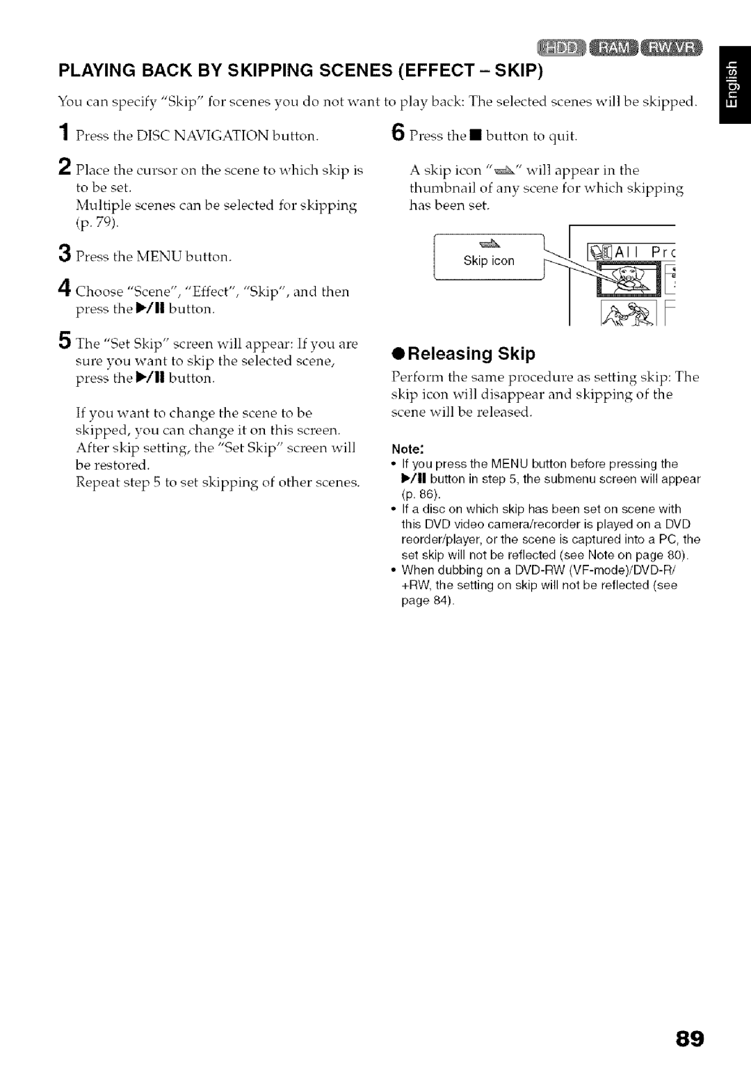 Hitachi DZ-HS3OOA instruction manual Playing Back by Skipping Scenes Effect Skip, Releasing Skip 