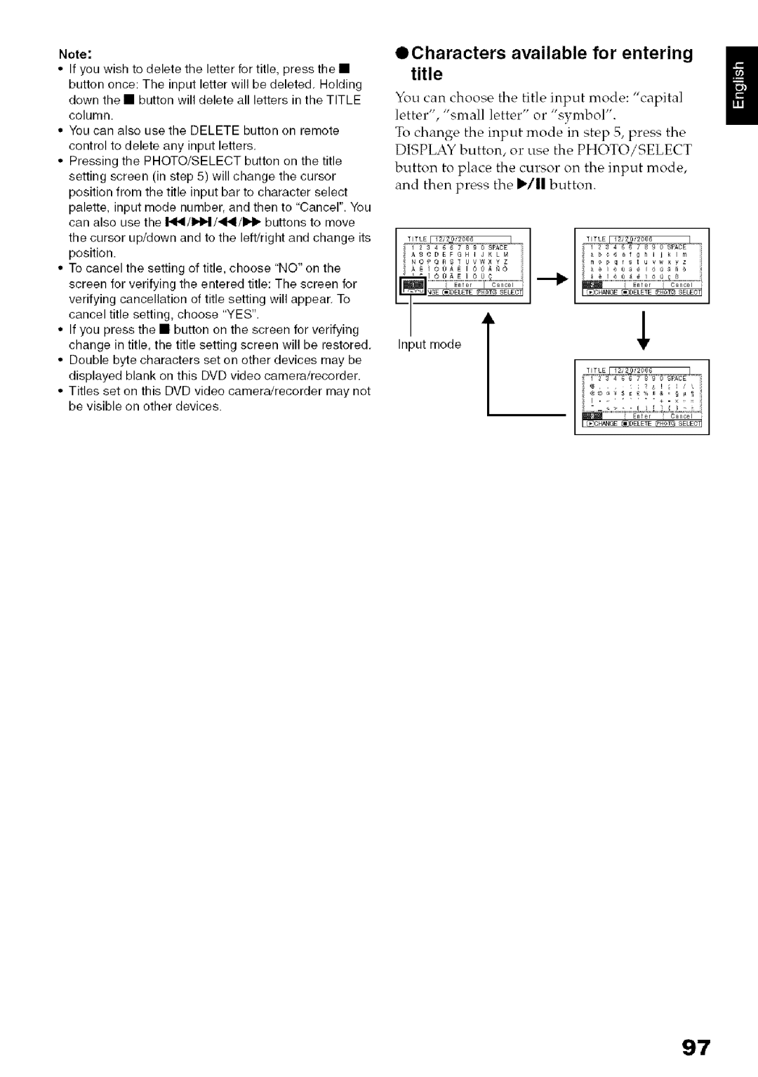 Hitachi DZ-HS3OOA instruction manual OCharacters available for entering title 