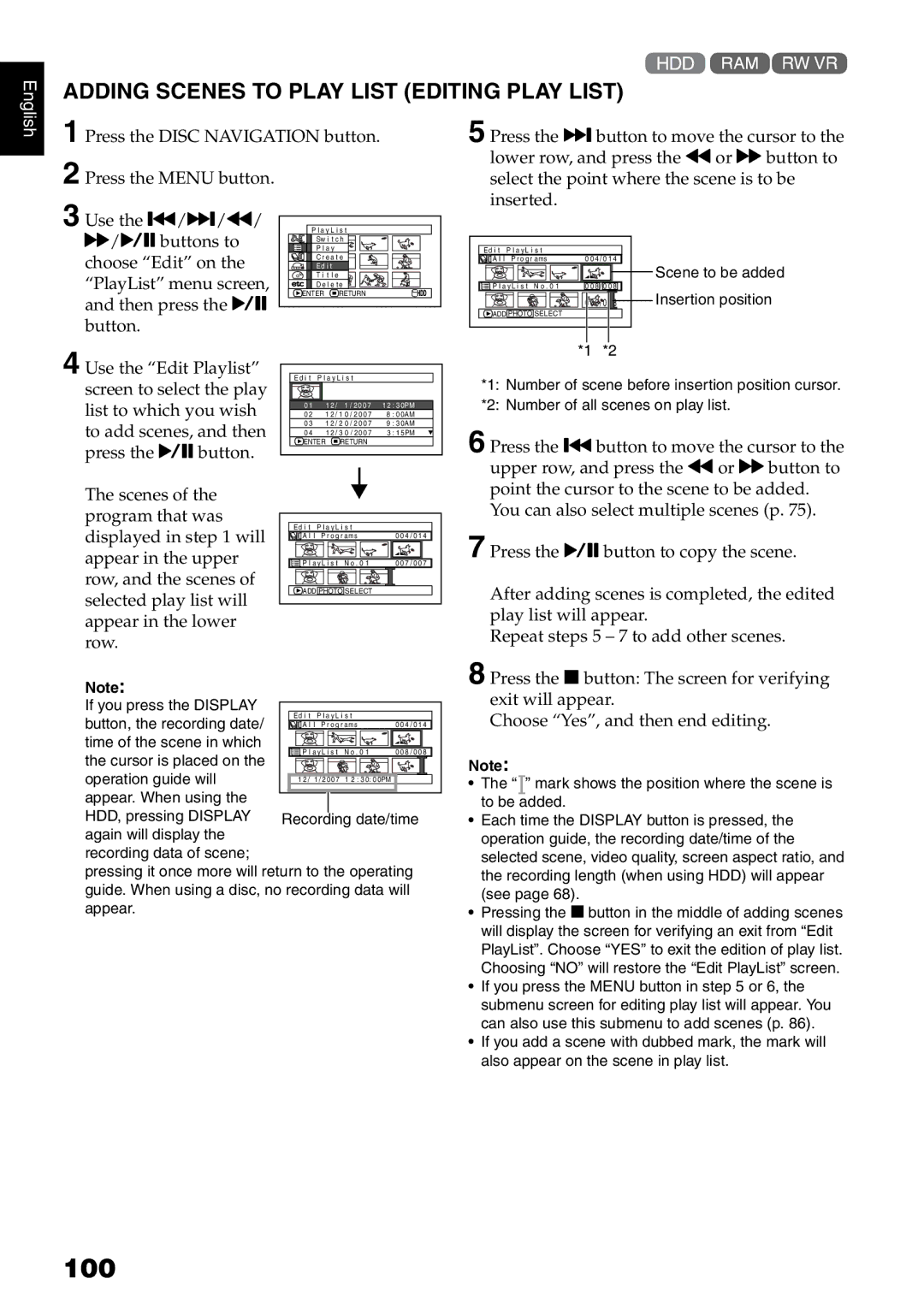 Hitachi DZ-HS500A instruction manual 100, Adding Scenes to Play List Editing Play List 