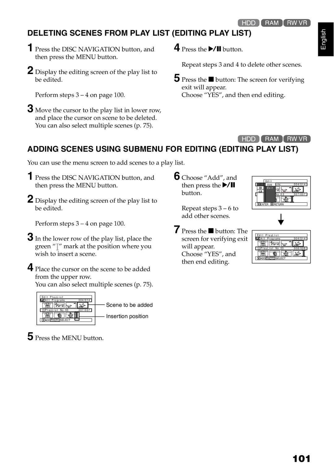 Hitachi DZ-HS500A instruction manual 101, Deleting Scenes from Play List Editing Play List 