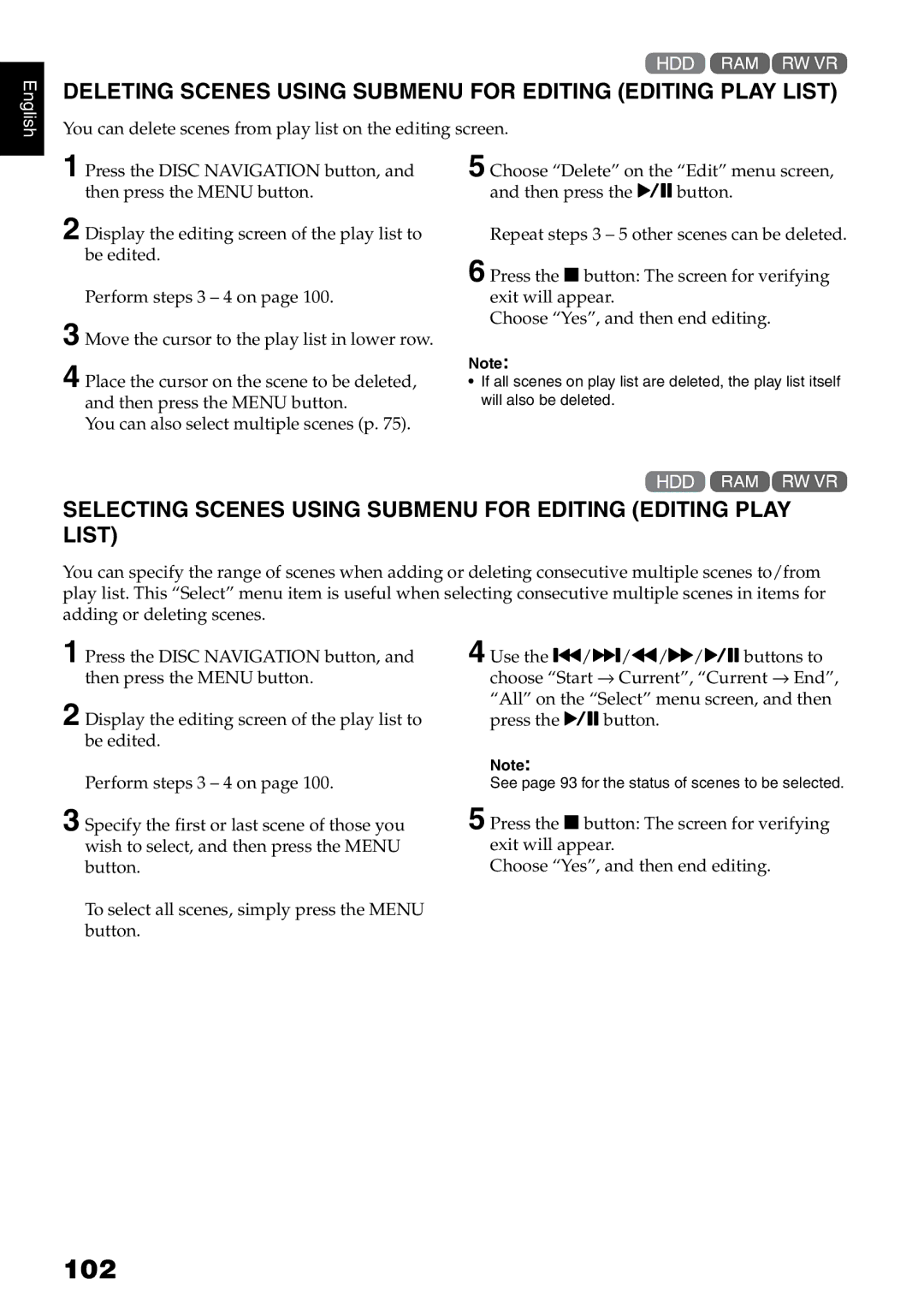 Hitachi DZ-HS500A instruction manual 102, Deleting Scenes Using Submenu for Editing Editing Play List 