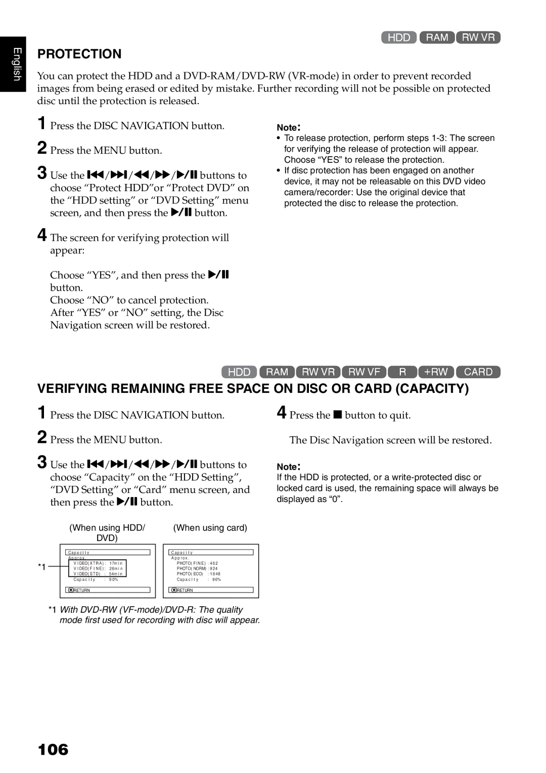 Hitachi DZ-HS500A instruction manual 106, Protection, Verifying Remaining Free Space on Disc or Card Capacity 