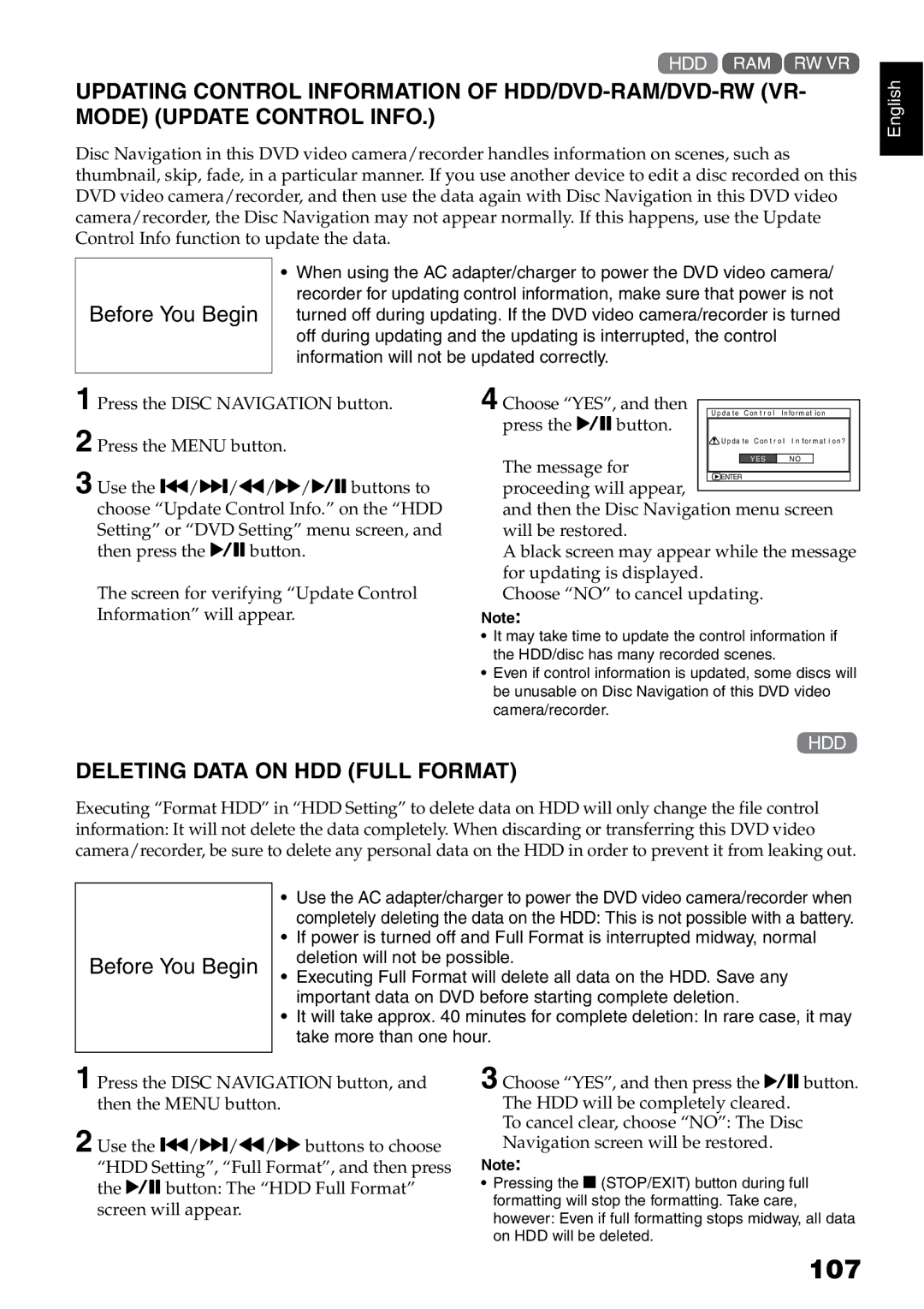 Hitachi DZ-HS500A instruction manual 107, Deleting Data on HDD Full Format, Message for 