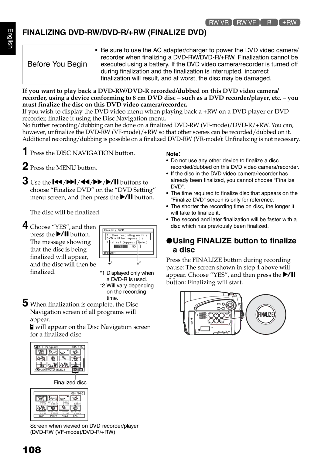 Hitachi DZ-HS500A 108, Finalizing DVD-RW/DVD-R/+RW Finalize DVD, Using Finalize button to finalize a disc 