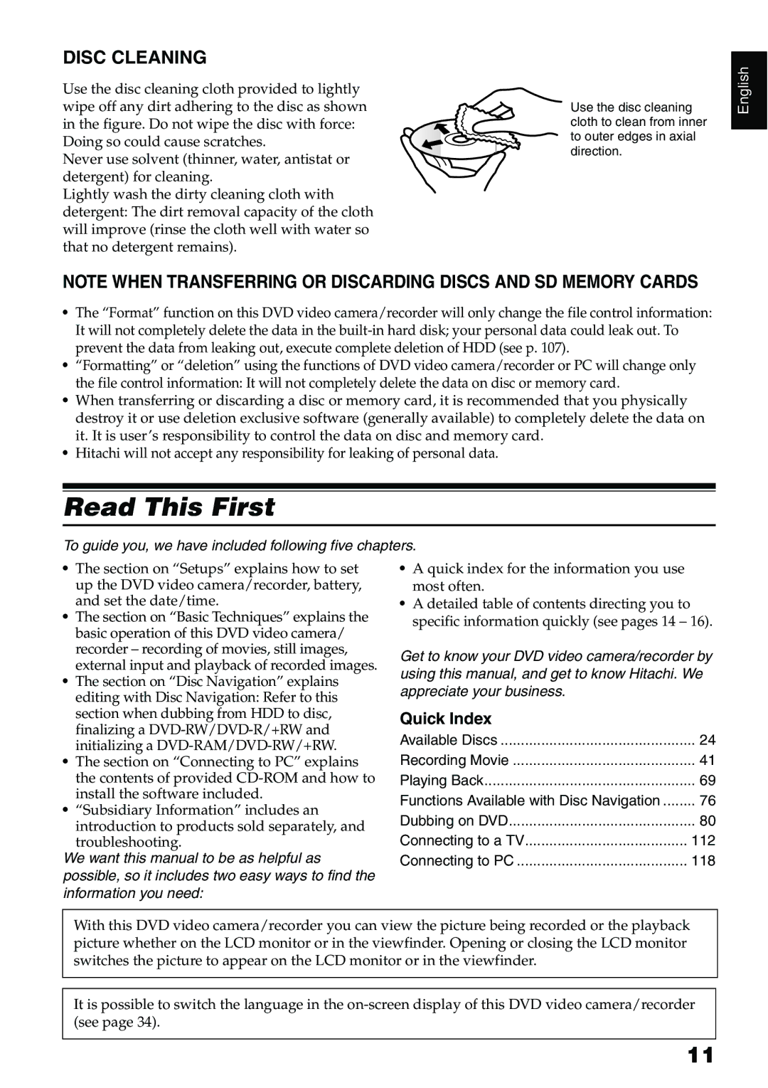 Hitachi DZ-HS500A Read This First, Disc Cleaning, Quick Index, Quick index for the information you use most often 