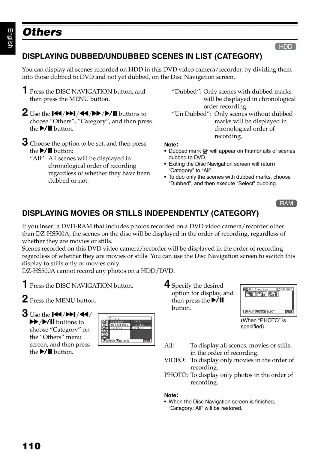 Hitachi DZ-HS500A instruction manual Others, 110, Displaying DUBBED/UNDUBBED Scenes in List Category 