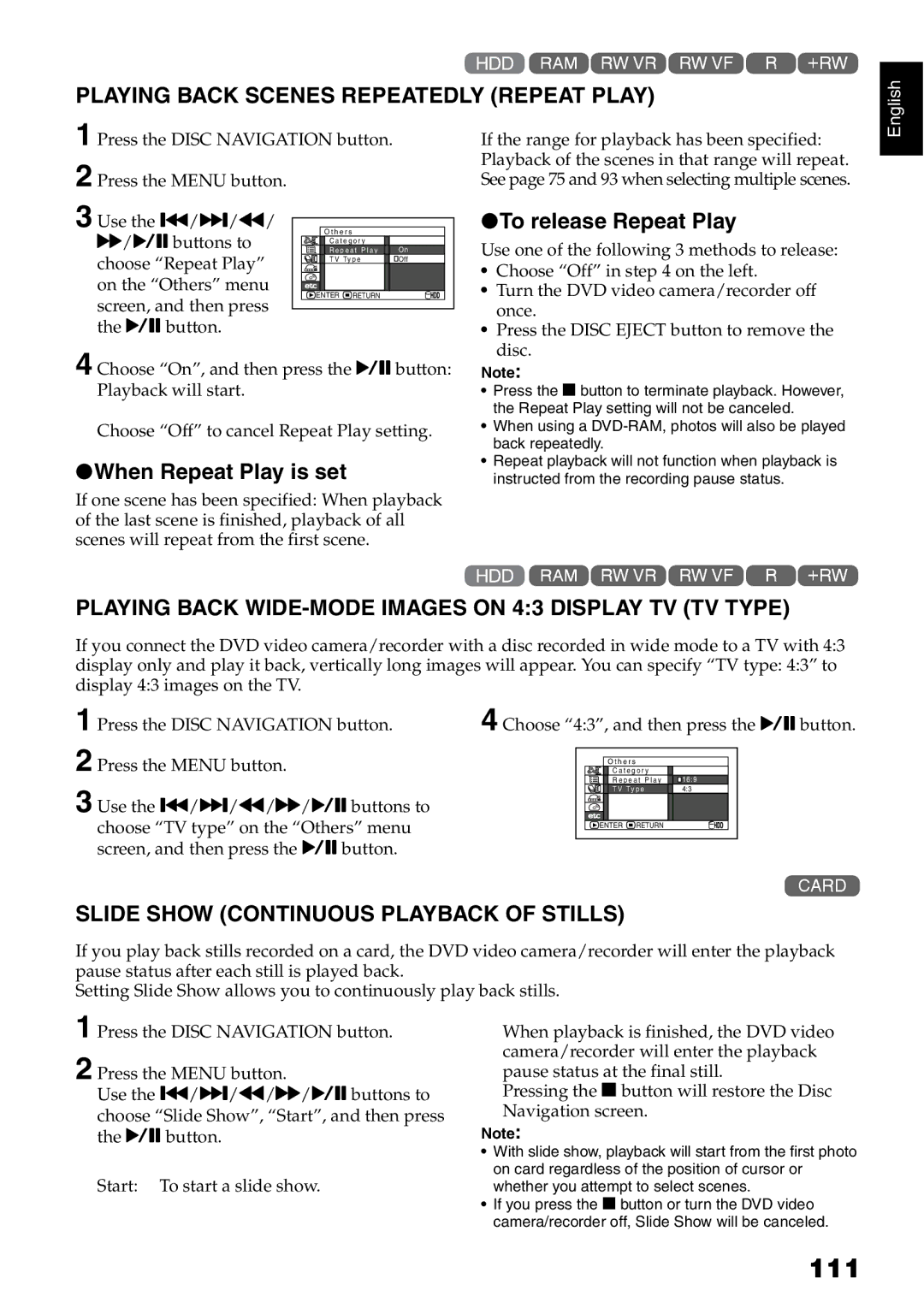 Hitachi DZ-HS500A 111, Playing Back Scenes Repeatedly Repeat Play, Playing Back WIDE-MODE Images on 43 Display TV TV Type 