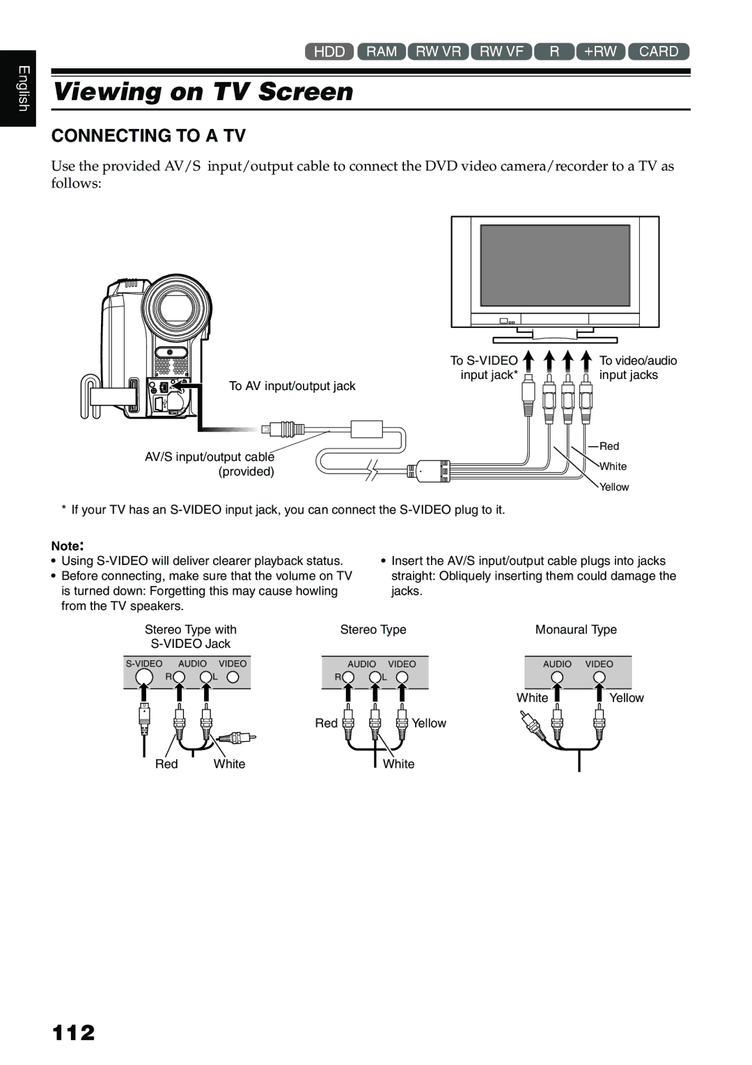 Hitachi DZ-HS500A instruction manual Viewing on TV Screen, 112, Connecting to a TV 