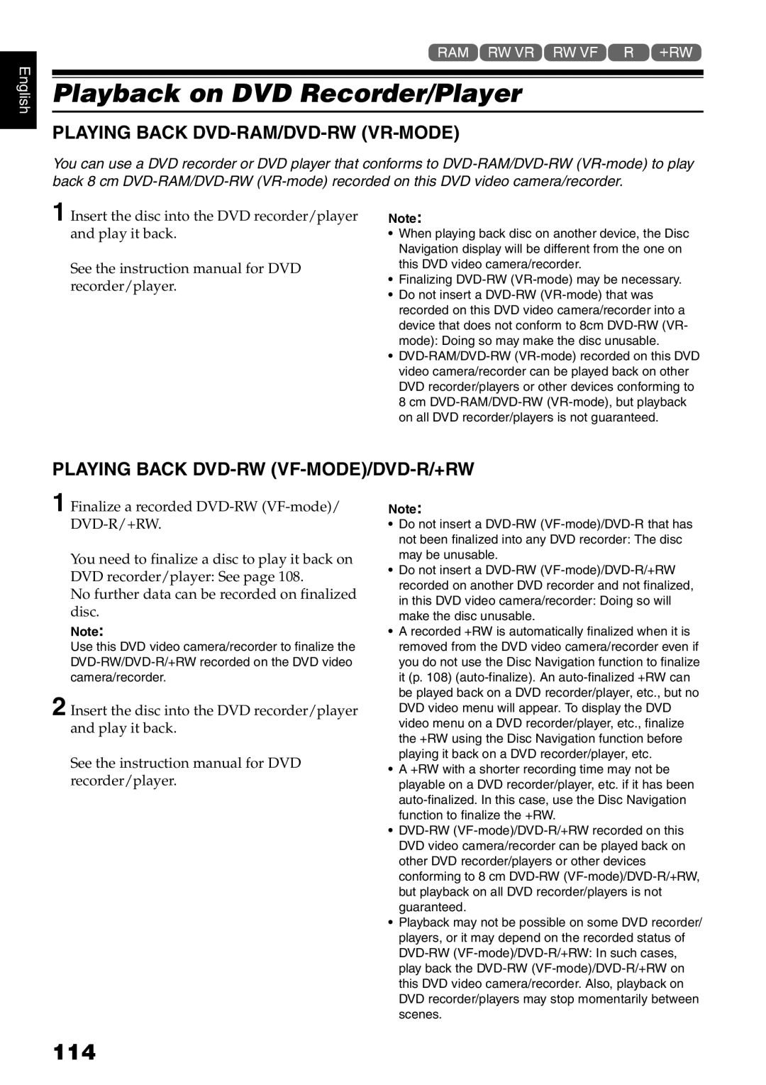 Hitachi DZ-HS500A instruction manual Playback on DVD Recorder/Player, 114, Playing Back DVD-RAM/DVD-RW VR-MODE 