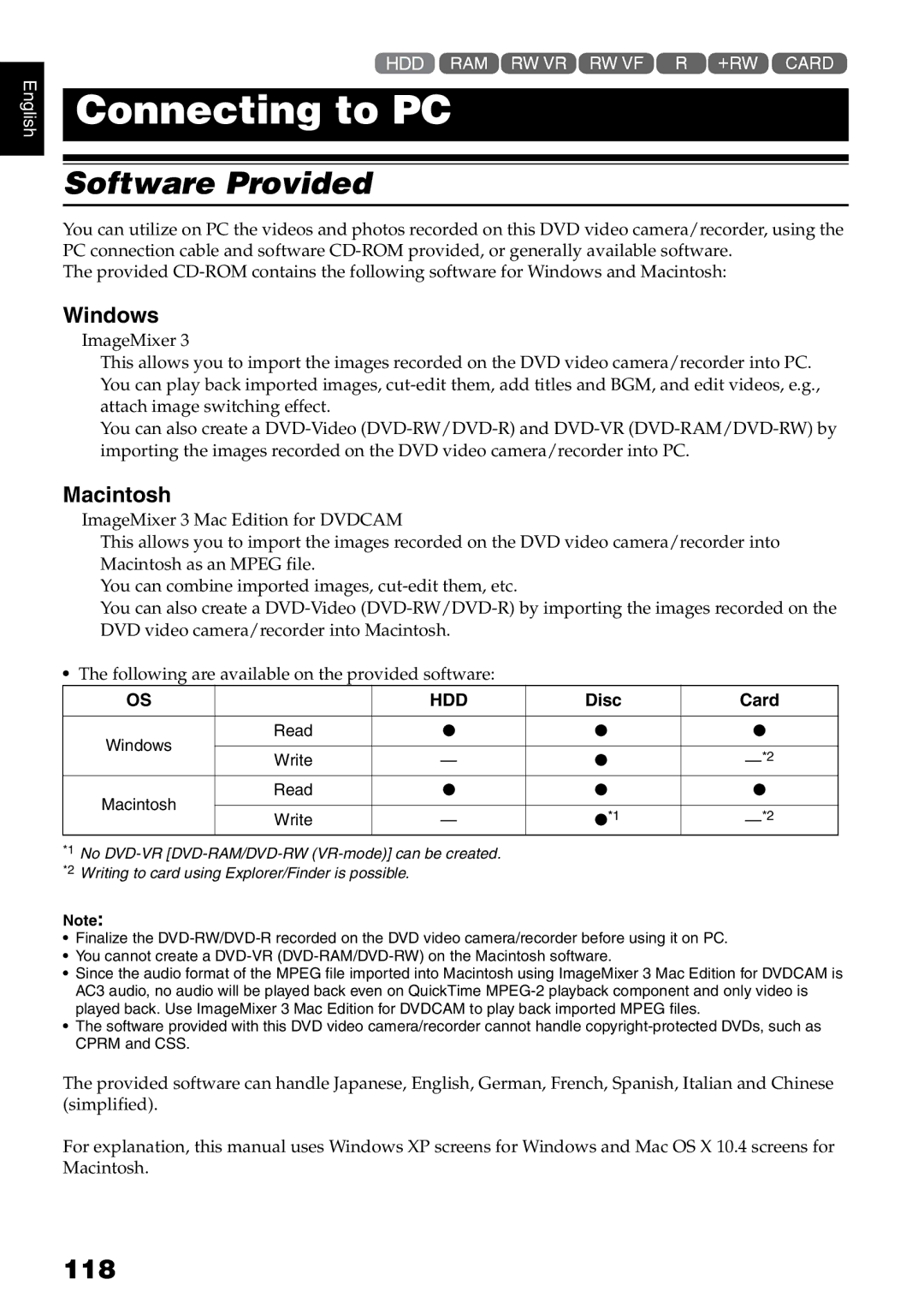 Hitachi DZ-HS500A instruction manual Software Provided, 118, Windows, Macintosh, Disc Card 