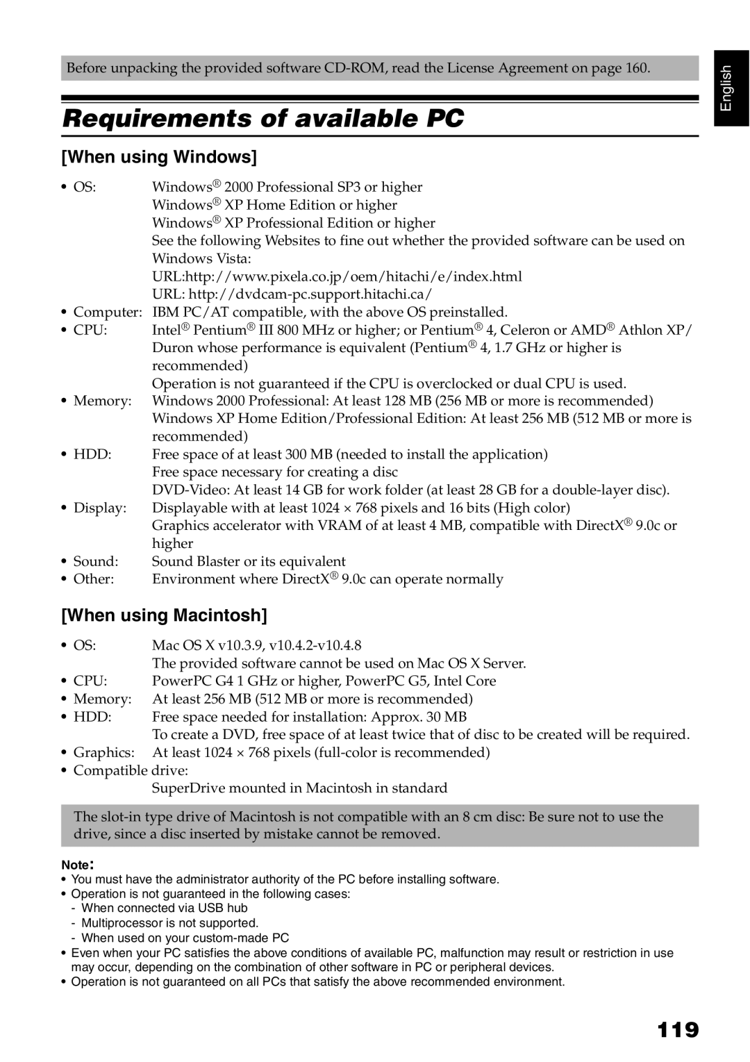 Hitachi DZ-HS500A instruction manual Requirements of available PC, 119, When using Windows, When using Macintosh 