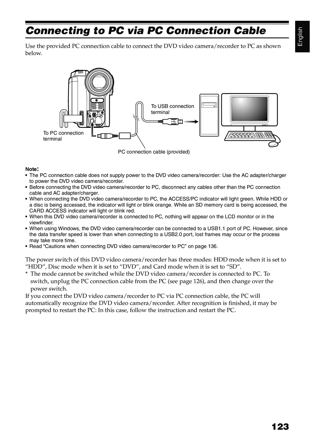 Hitachi DZ-HS500A instruction manual Connecting to PC via PC Connection Cable, 123 