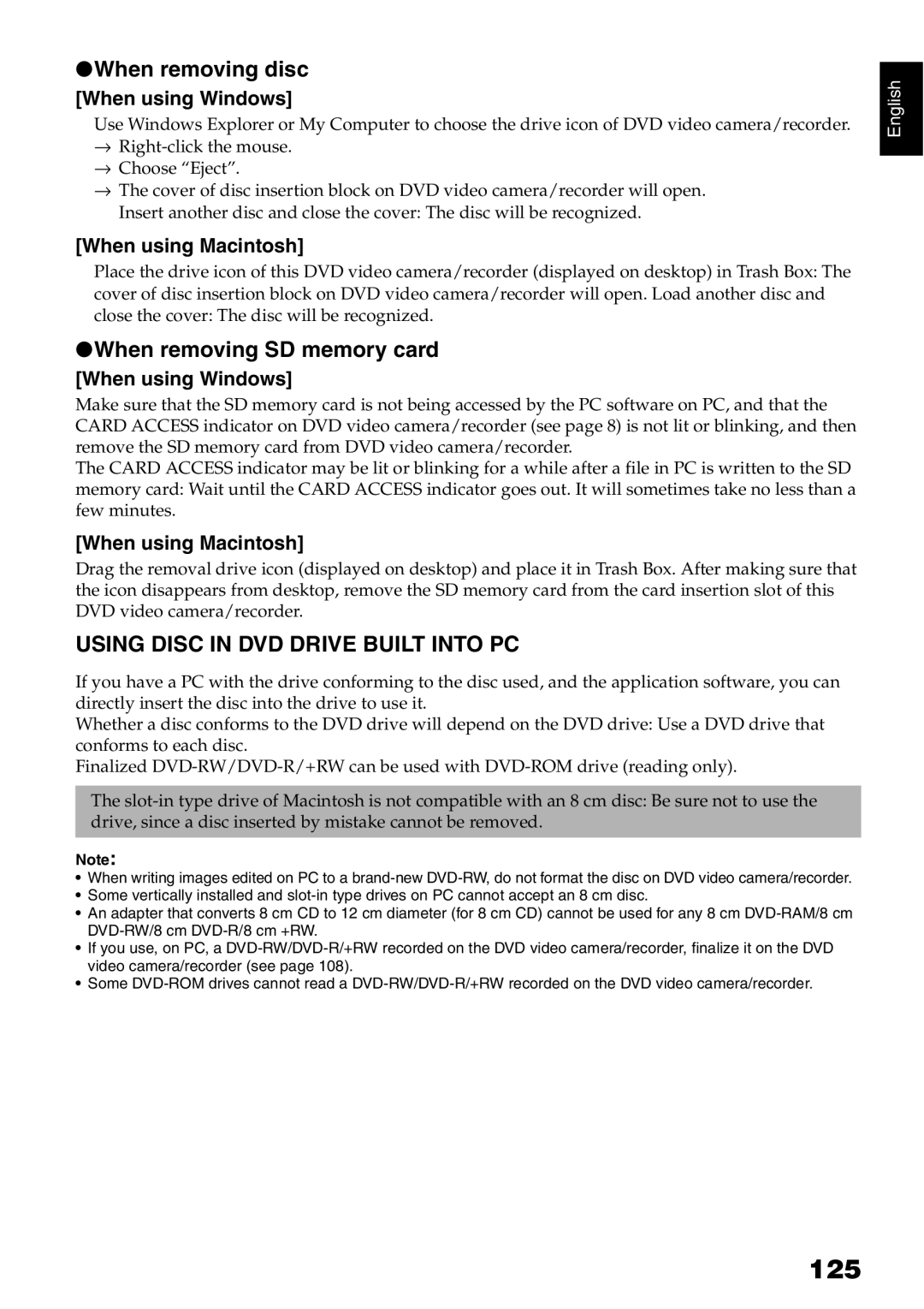 Hitachi DZ-HS500A 125, When removing disc, When removing SD memory card, Using Disc in DVD Drive Built Into PC 