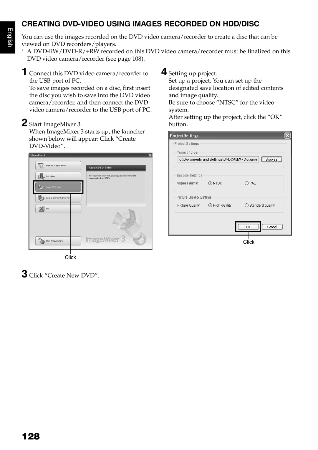 Hitachi DZ-HS500A instruction manual 128, Creating DVD-VIDEO Using Images Recorded on HDD/DISC, Click Create New DVD 