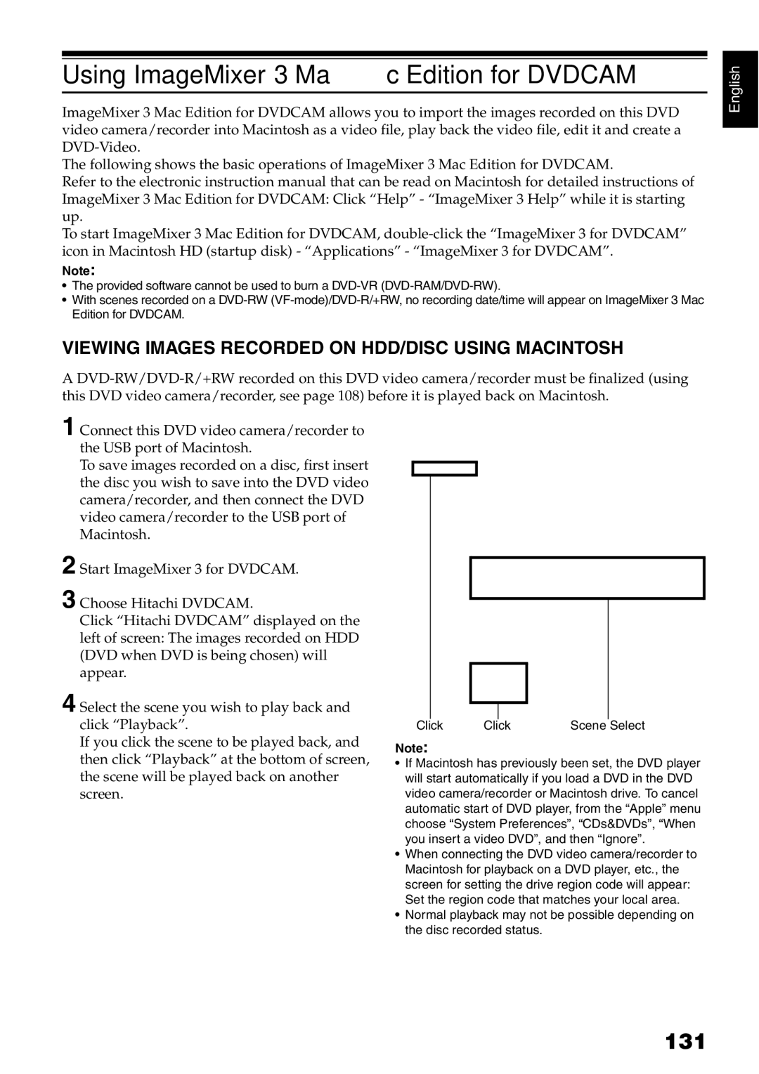 Hitachi DZ-HS500A Using ImageMixer 3 Mac Edition for Dvdcam, 131, Viewing Images Recorded on HDD/DISC Using Macintosh 