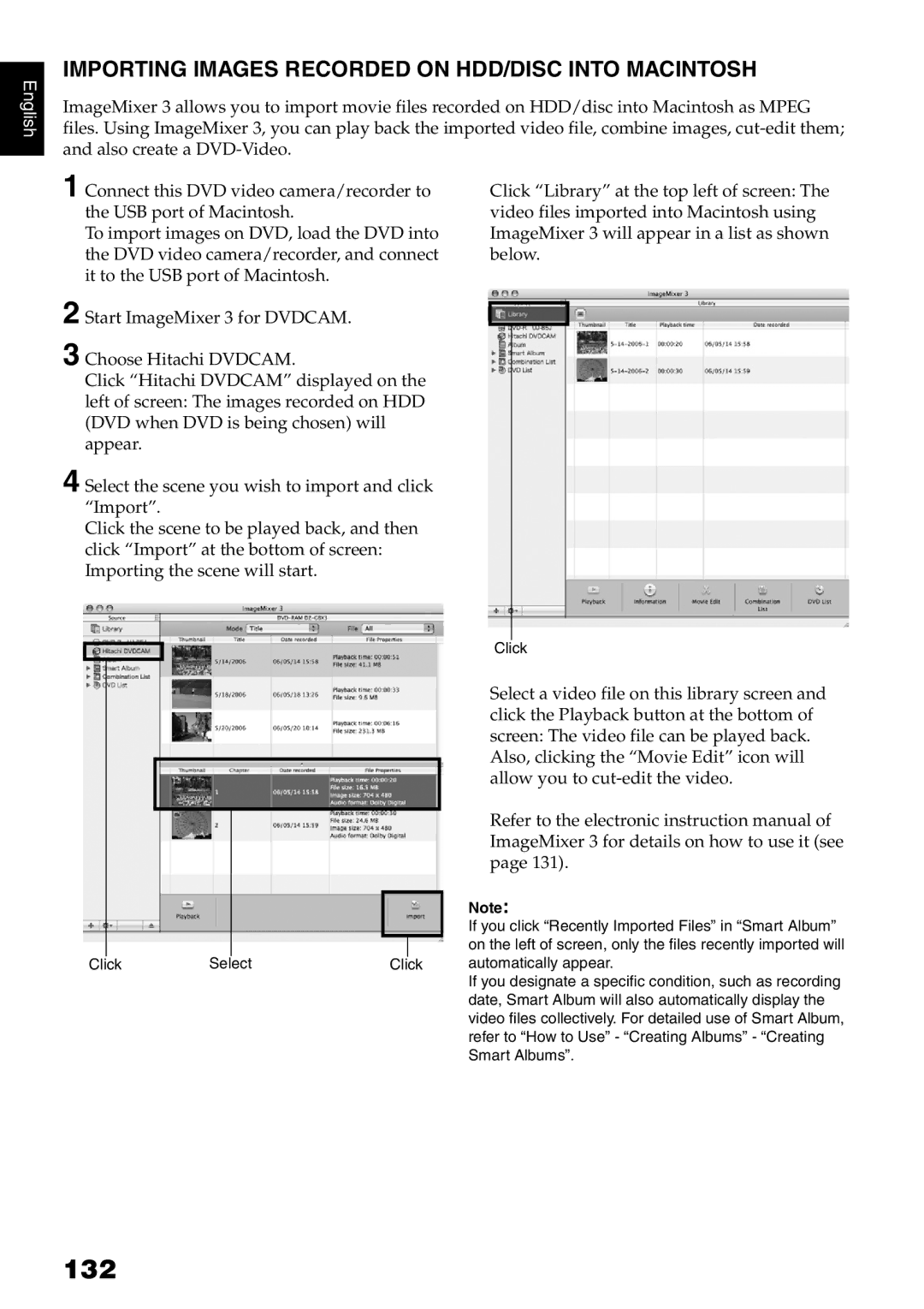 Hitachi DZ-HS500A instruction manual 132, Importing Images Recorded on HDD/DISC Into Macintosh 