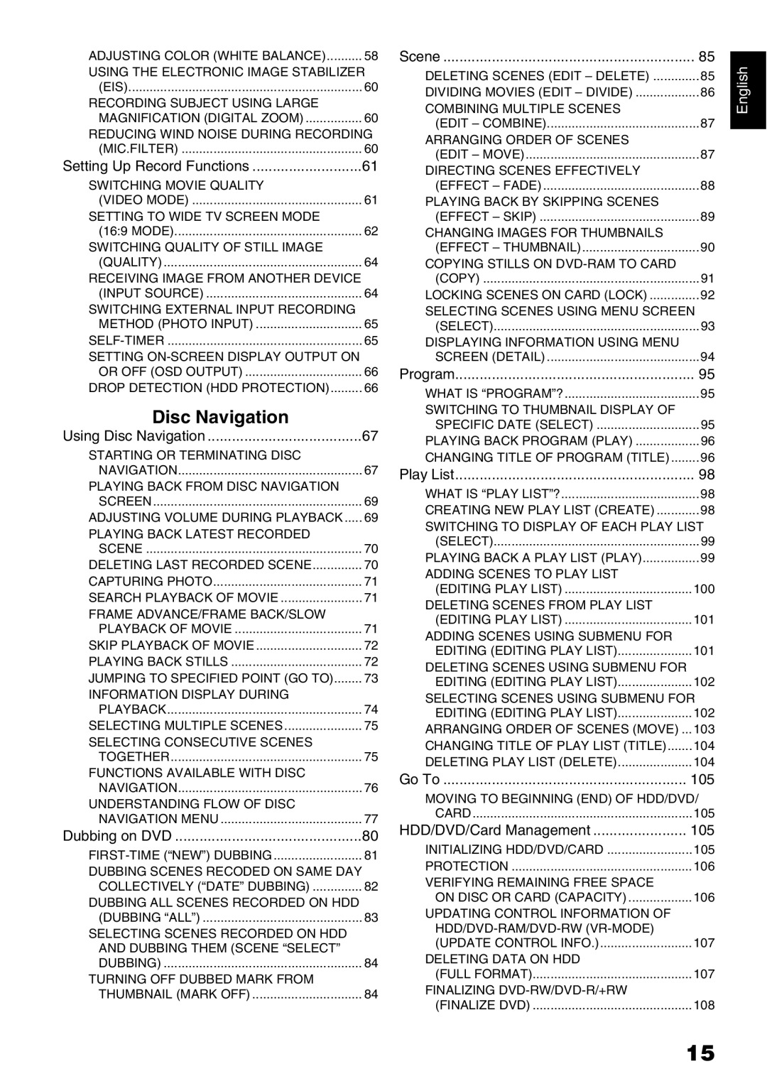 Hitachi DZ-HS500A instruction manual Disc Navigation, Setting Up Record Functions 