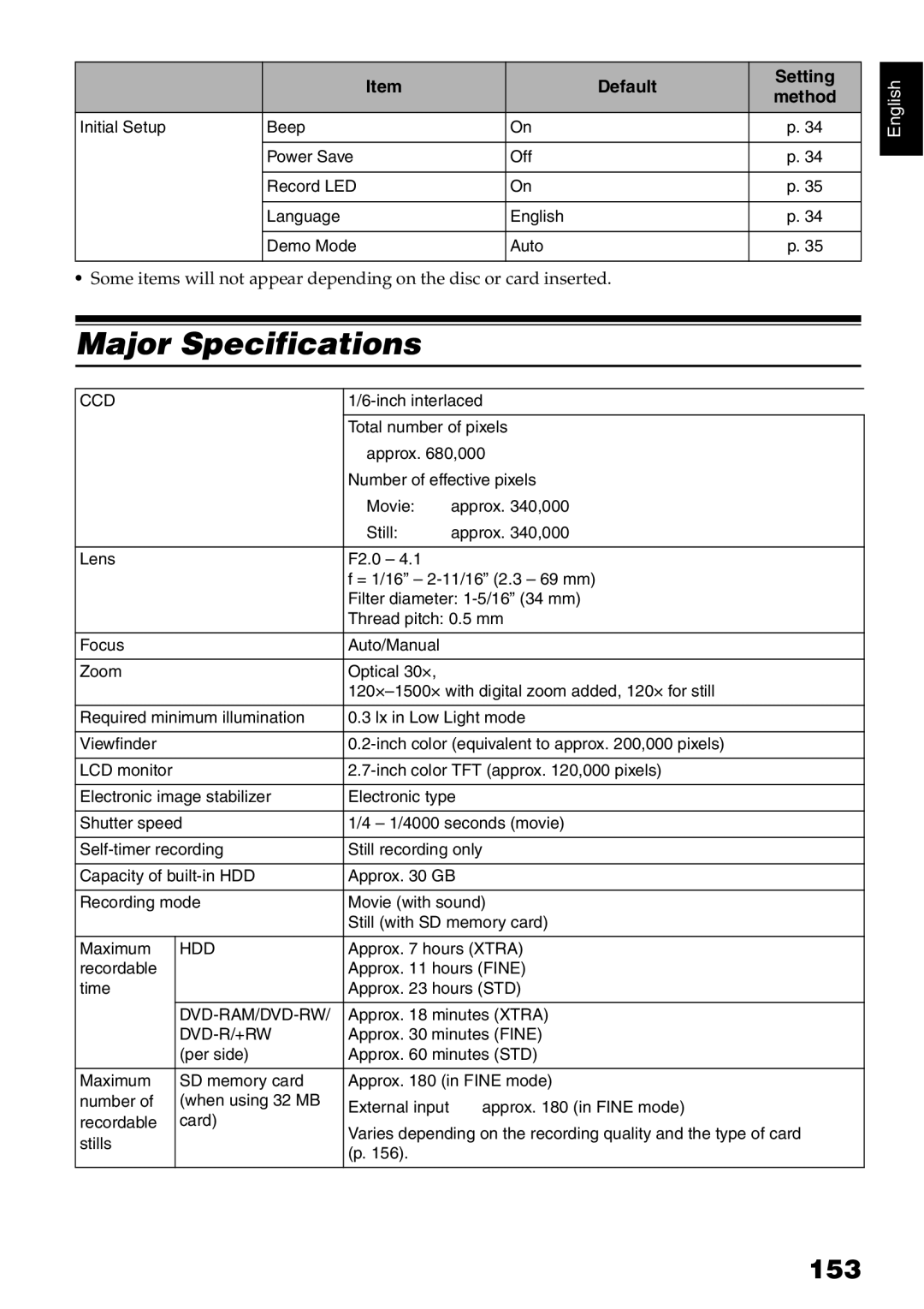 Hitachi DZ-HS500A instruction manual Major Specifications, 153 