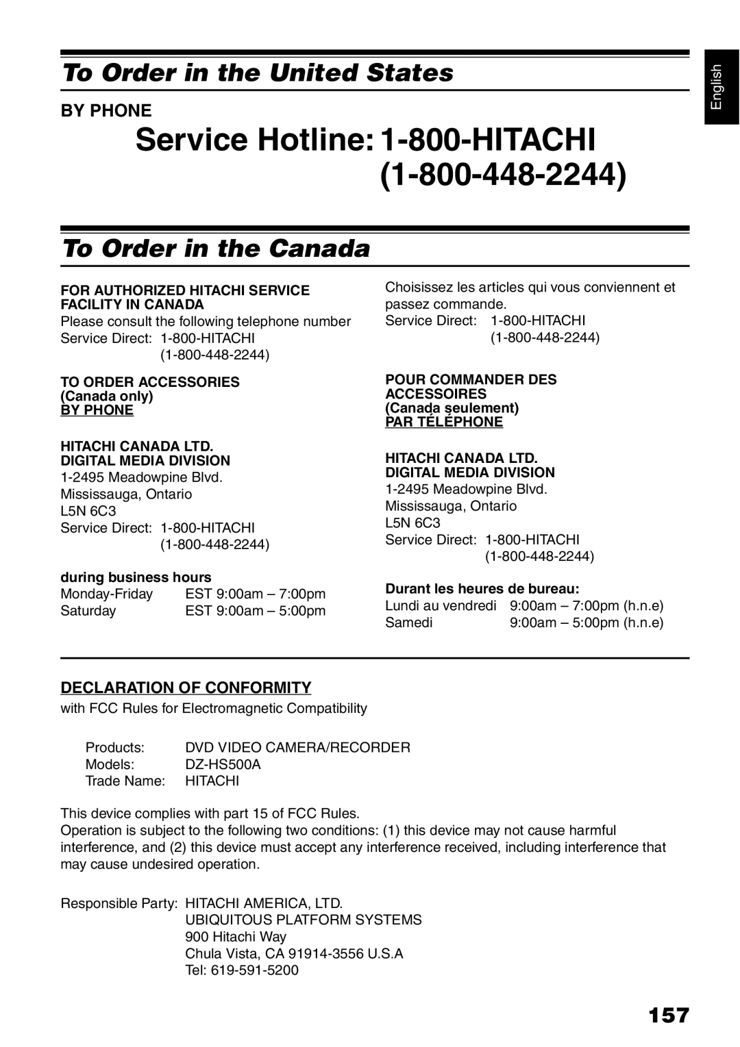 Hitachi DZ-HS500A instruction manual To Order in the United States, To Order in the Canada, 157, By Phone 