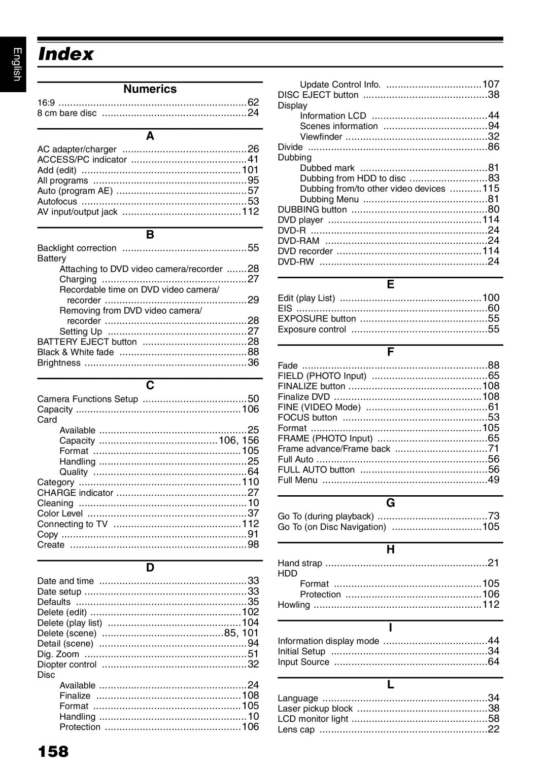 Hitachi DZ-HS500A instruction manual Index, 158 