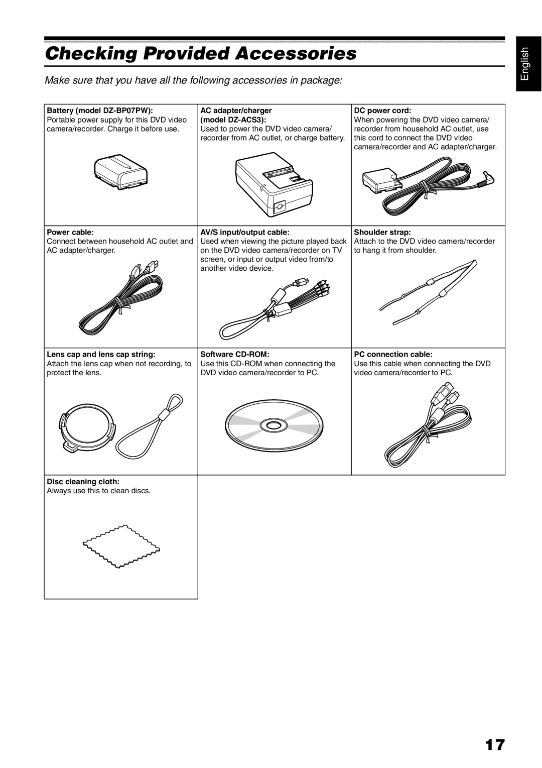 Hitachi DZ-HS500A instruction manual Checking Provided Accessories, Model DZ-ACS3 