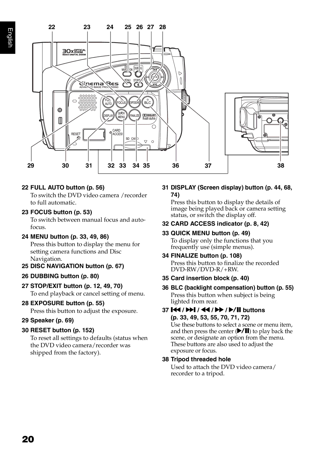 Hitachi DZ-HS500A Full Auto button p, Focus button p, Menu button p , 49, Exposure button p, Speaker p Reset button p 